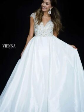 Vienna Prom White Beaded V-Neck Ball Gown